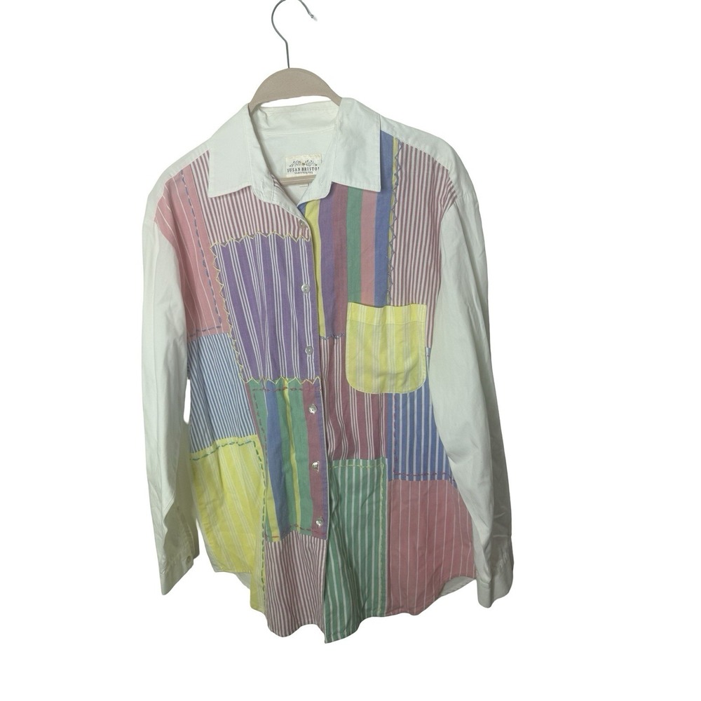 Vintage PRINT COLORBLOCK DROP SHOULDER BUTTON UP BLOUSE WOMENS L Susan Bristol